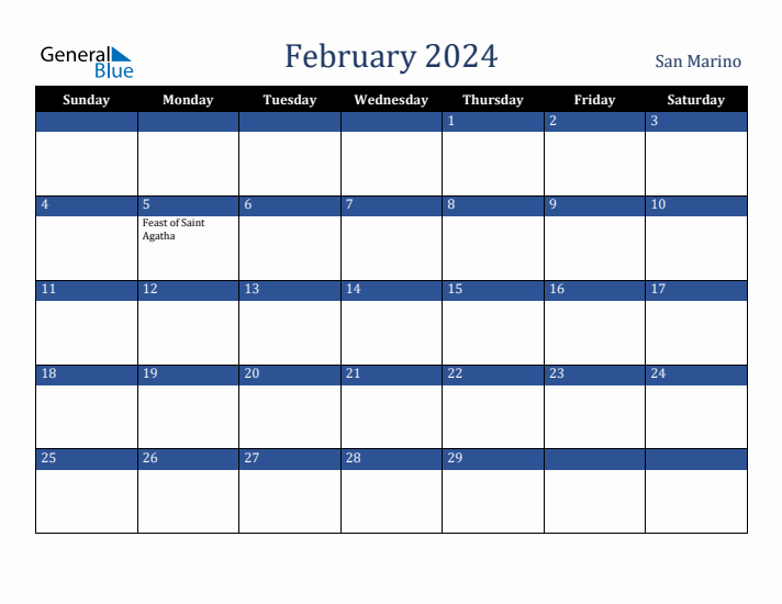 February 2024 San Marino Calendar (Sunday Start)