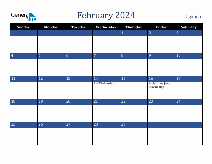 February 2024 Uganda Calendar (Sunday Start)