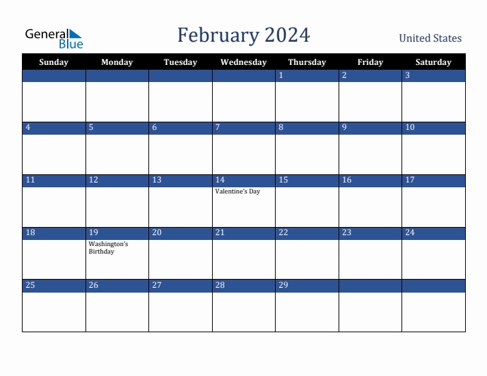 February 2024 United States Calendar (Sunday Start)