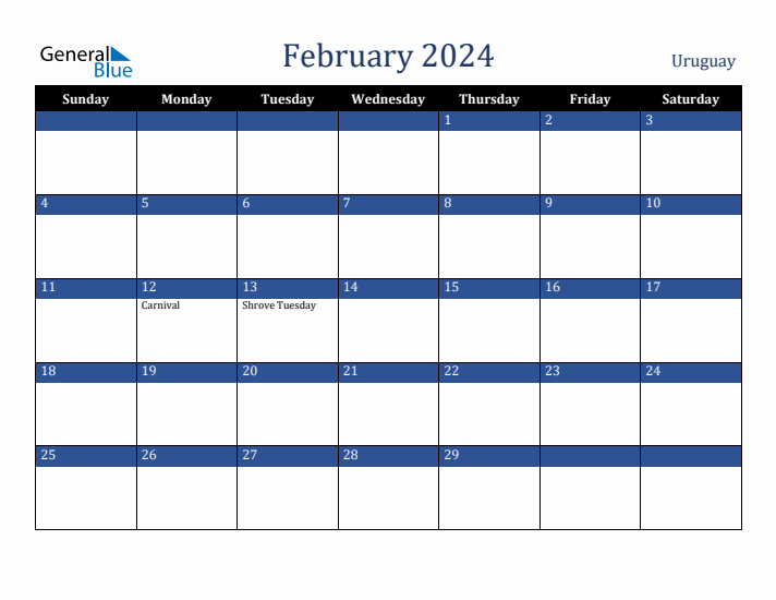 February 2024 Uruguay Calendar (Sunday Start)