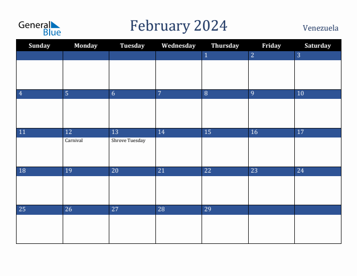 February 2024 Venezuela Calendar (Sunday Start)