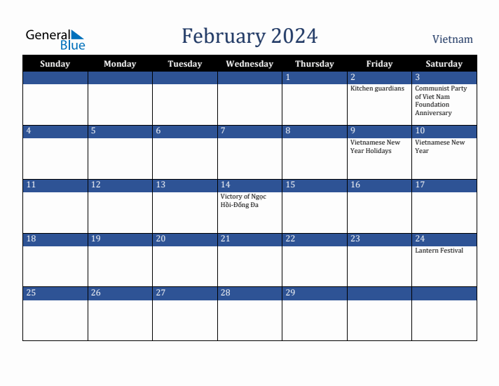 February 2024 Vietnam Calendar (Sunday Start)