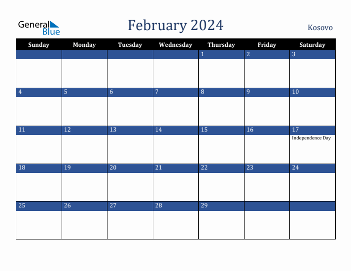 February 2024 Kosovo Calendar (Sunday Start)