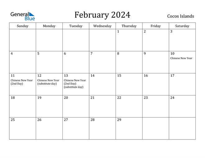 Cocos Islands February 2024 Calendar with Holidays