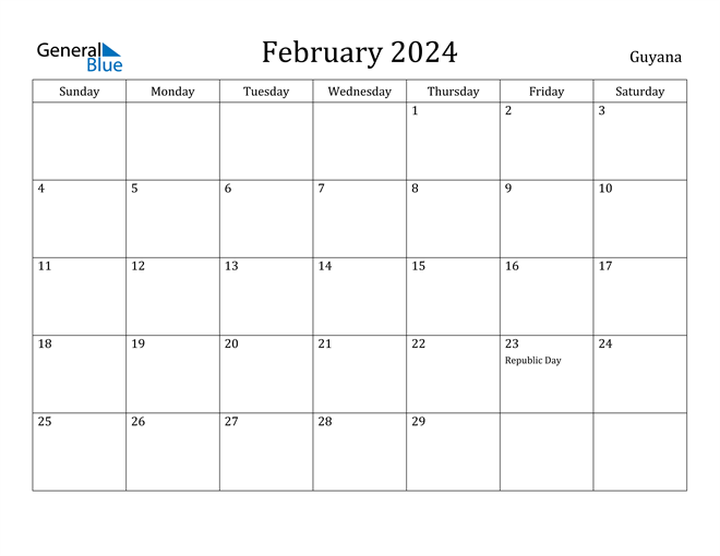 February 2024 Calendar with Guyana Holidays