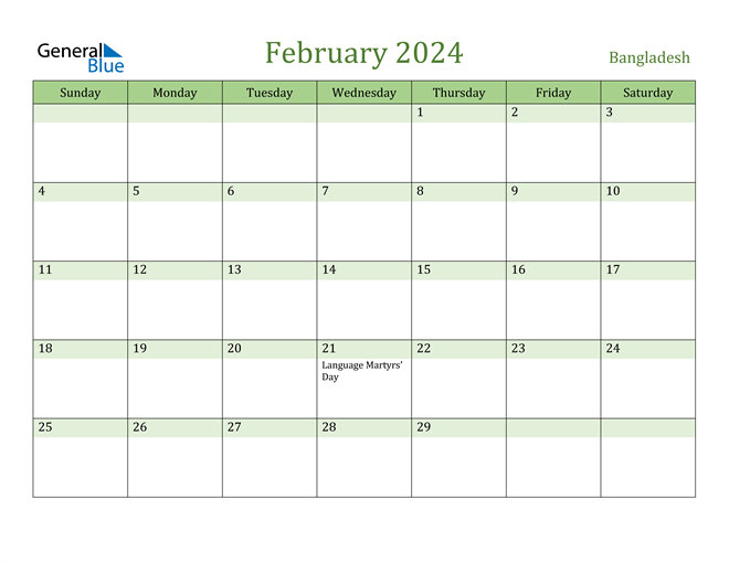 February 2024 Calendar with Bangladesh Holidays