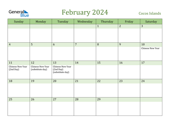 Cocos Islands February 2024 Calendar with Holidays