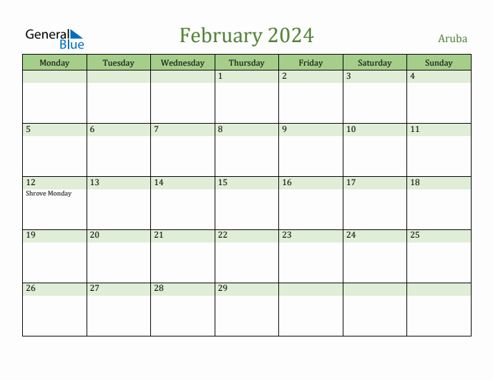 February 2024 Aruba Monthly Calendar with Holidays