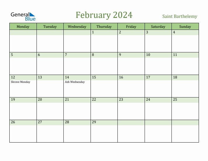 February 2024 Calendar with Saint Barthelemy Holidays
