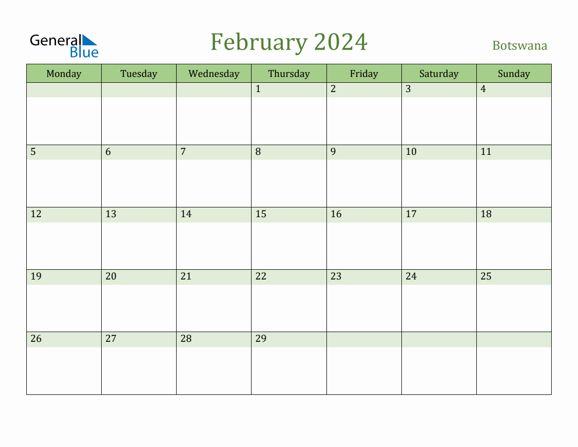 Fillable Holiday Calendar for Botswana February 2024