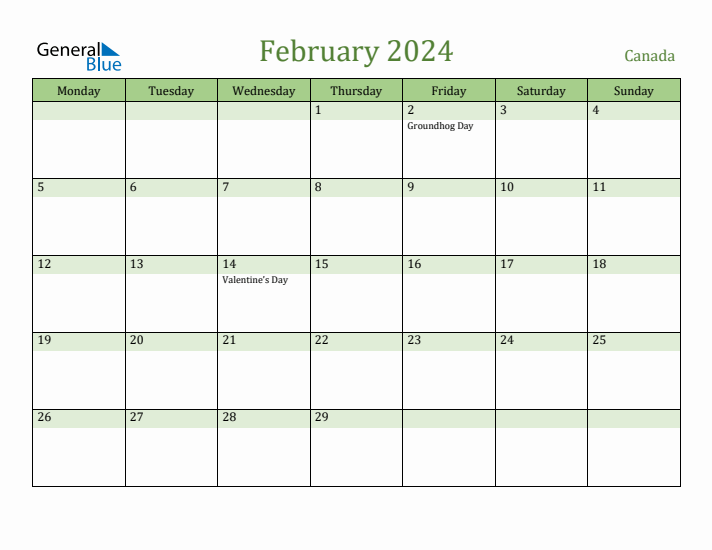 Fillable Holiday Calendar for Canada February 2024