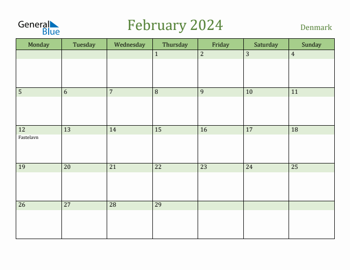 February 2024 Calendar with Denmark Holidays