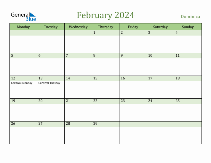 February 2024 Calendar with Dominica Holidays
