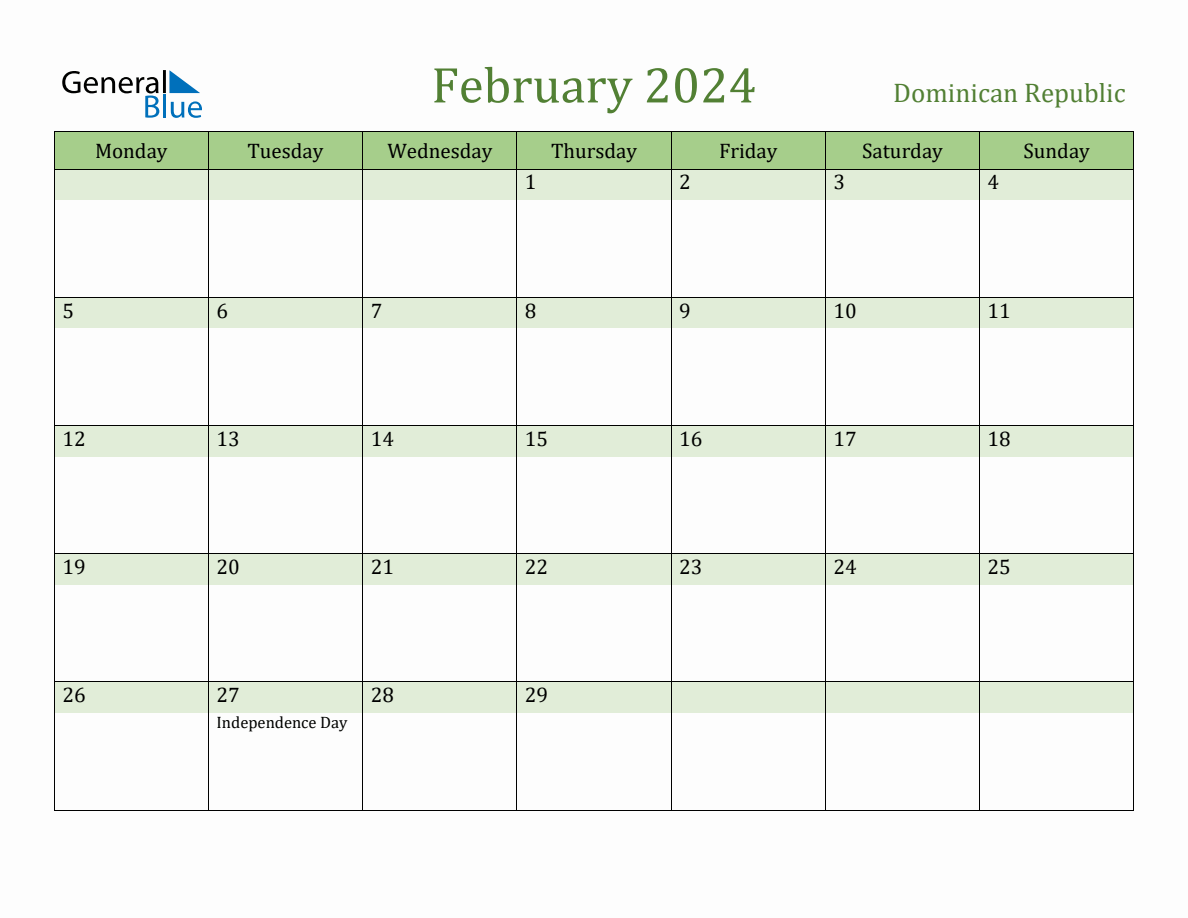 Fillable Holiday Calendar for Dominican Republic February 2024