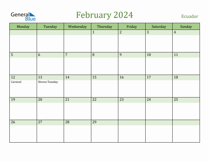 February 2024 Calendar with Ecuador Holidays