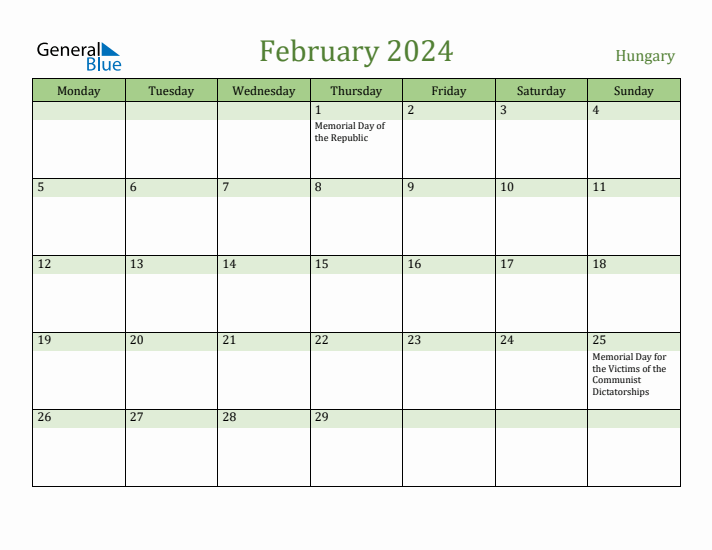February 2024 Calendar with Hungary Holidays