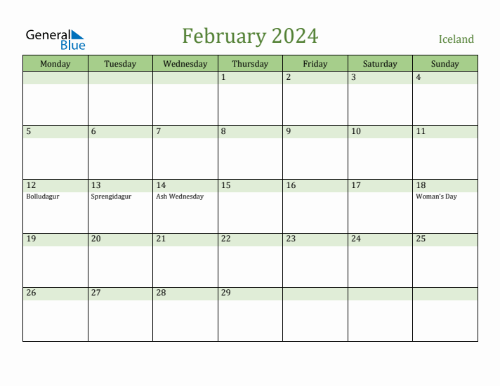 February 2024 Calendar with Iceland Holidays