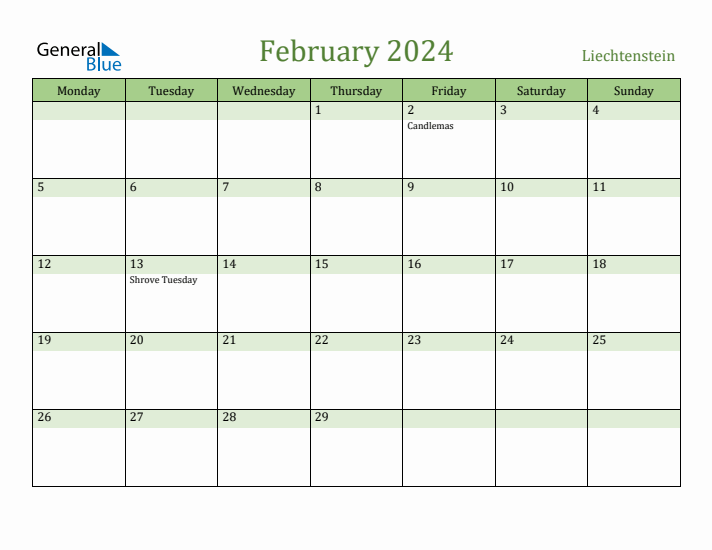 February 2024 Calendar with Liechtenstein Holidays