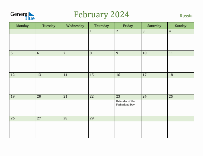 February 2024 Calendar with Russia Holidays