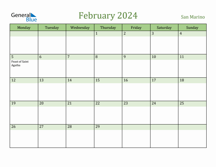 February 2024 Calendar with San Marino Holidays