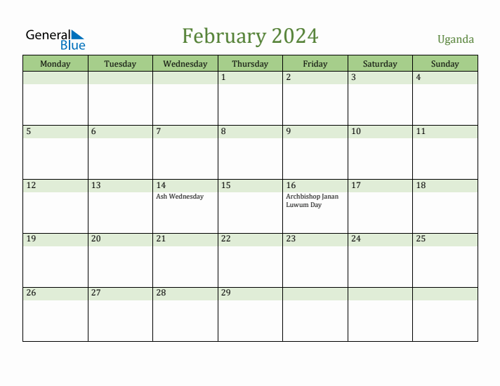 Fillable Holiday Calendar for Uganda February 2024