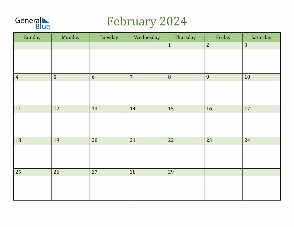 2024 02 February Calendar Green Sunday Start En 1188x918 