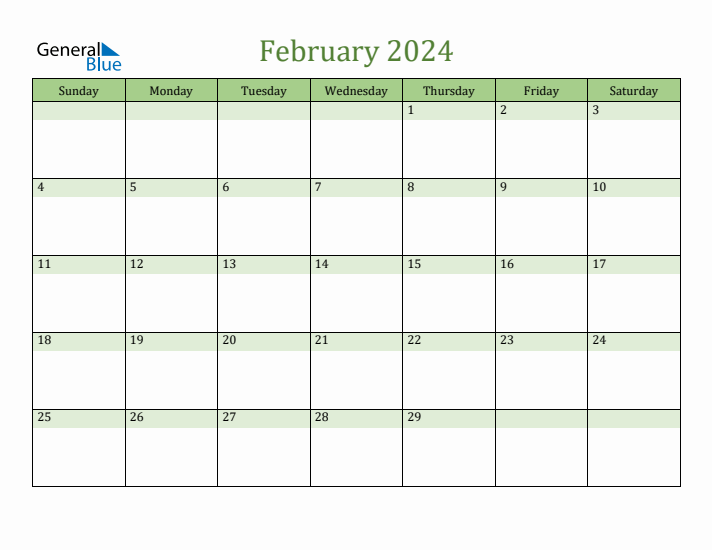 February 2024 Calendar with Sunday Start