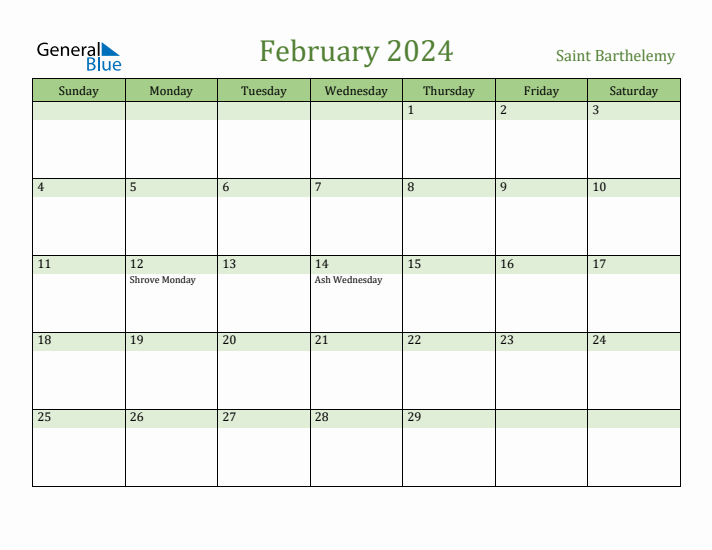 February 2024 Calendar with Saint Barthelemy Holidays