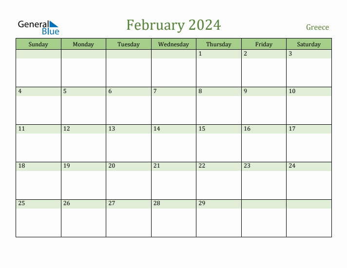 February 2024 Calendar with Greece Holidays