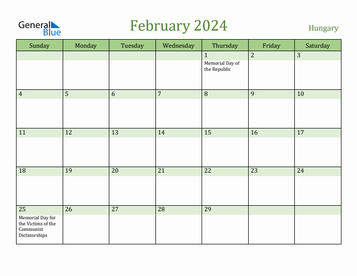 February 2024 Calendar with Hungary Holidays