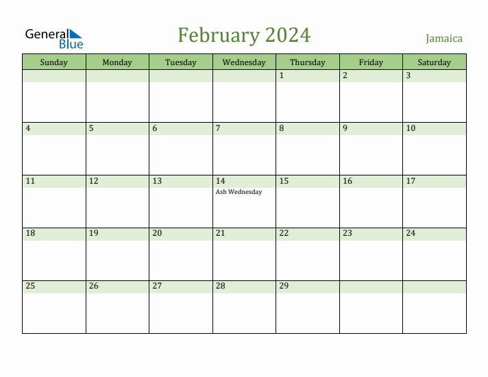 February 2024 Monthly Calendar with Jamaica Holidays
