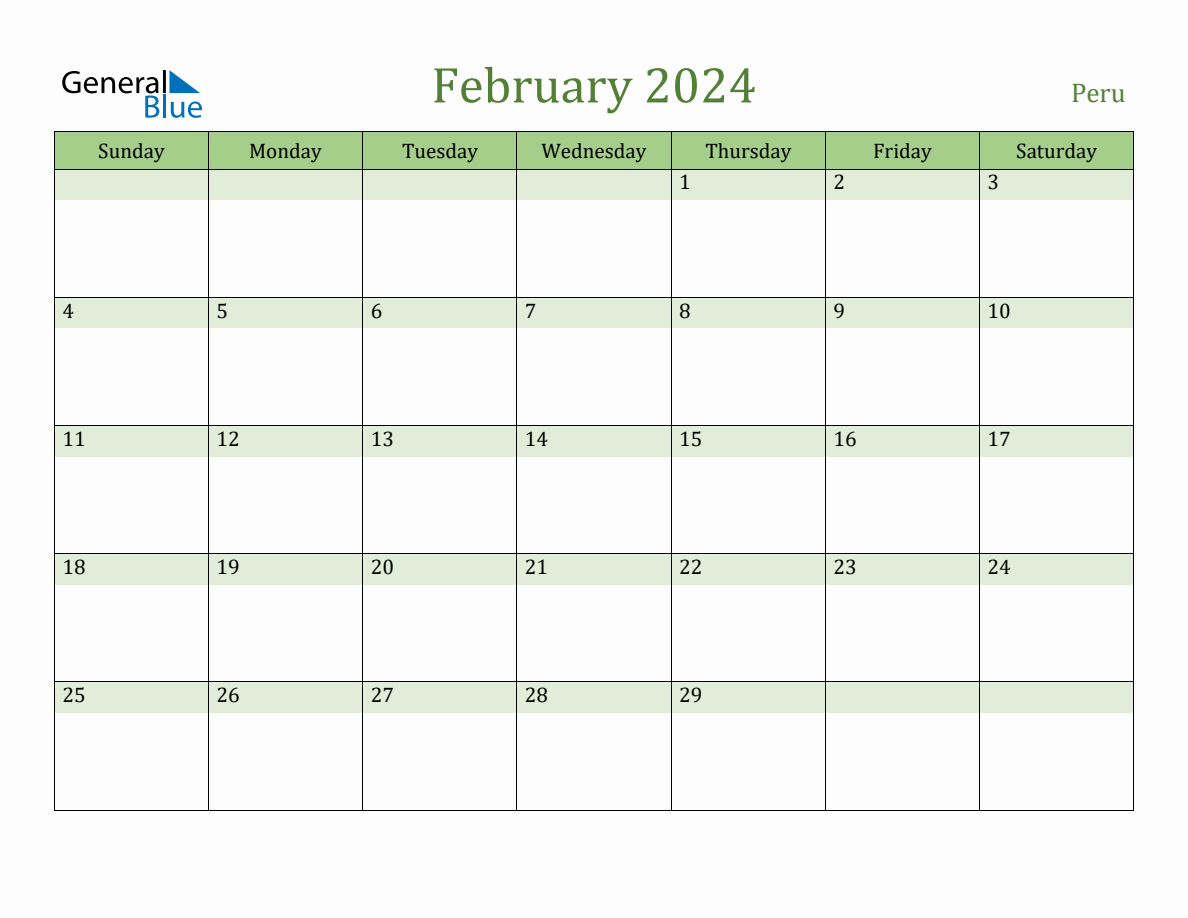 Fillable Holiday Calendar for Peru - February 2024