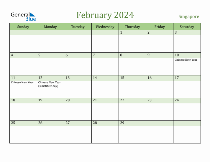 February 2024 Monthly Calendar with Singapore Holidays