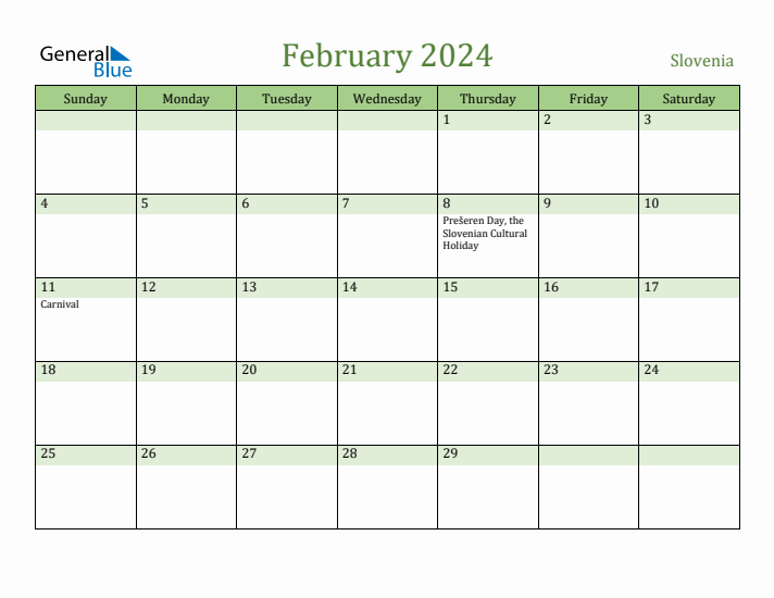 February 2024 Calendar with Slovenia Holidays