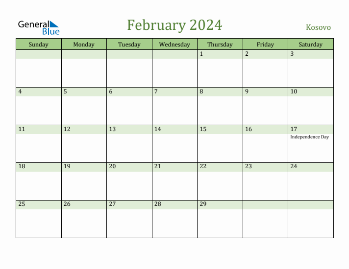 February 2024 Calendar with Kosovo Holidays