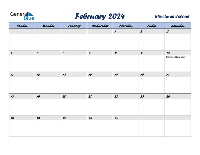 Christmas Island February 2024 Calendar with Holidays