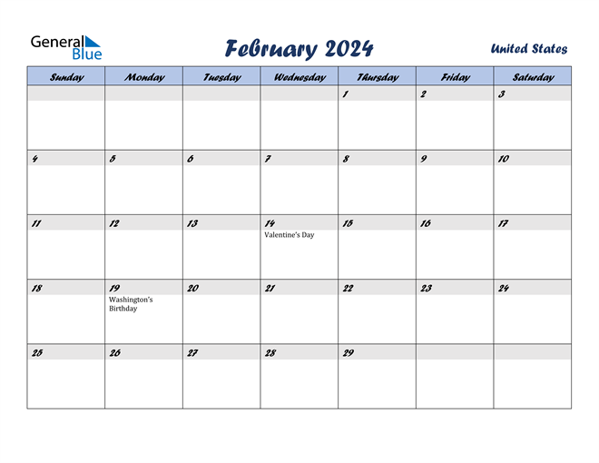 2024 February Calendar With National Holidays Printable Worksheets
