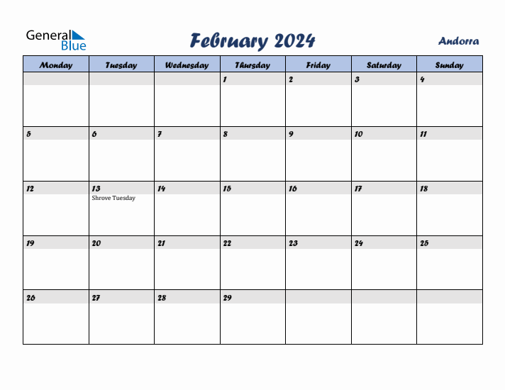 February 2024 Calendar with Holidays in Andorra