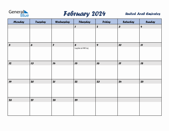 February 2024 Monthly Calendar Template with Holidays for United Arab