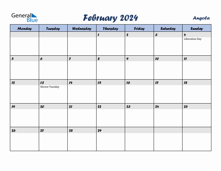 February 2024 Calendar with Holidays in Angola