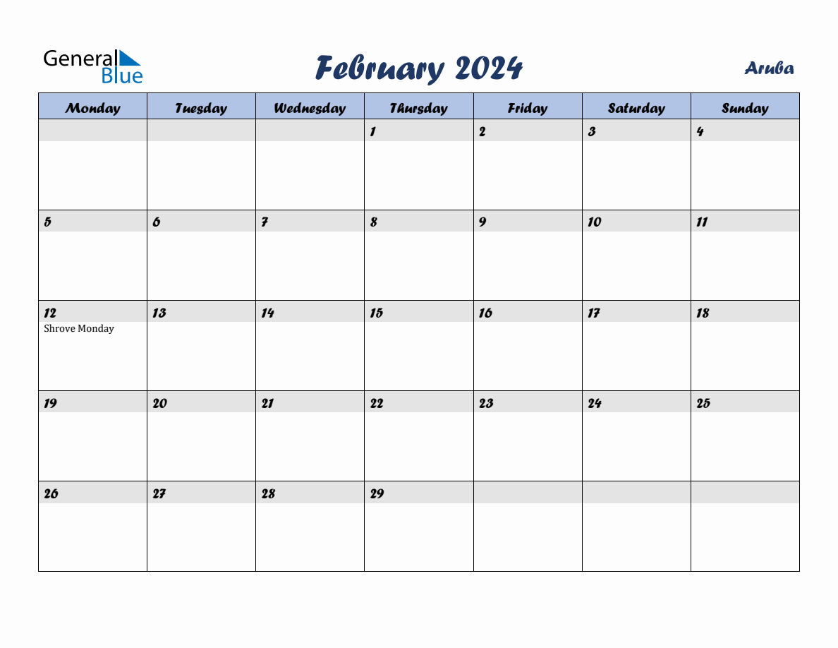 February 2024 Monthly Calendar Template with Holidays for Aruba