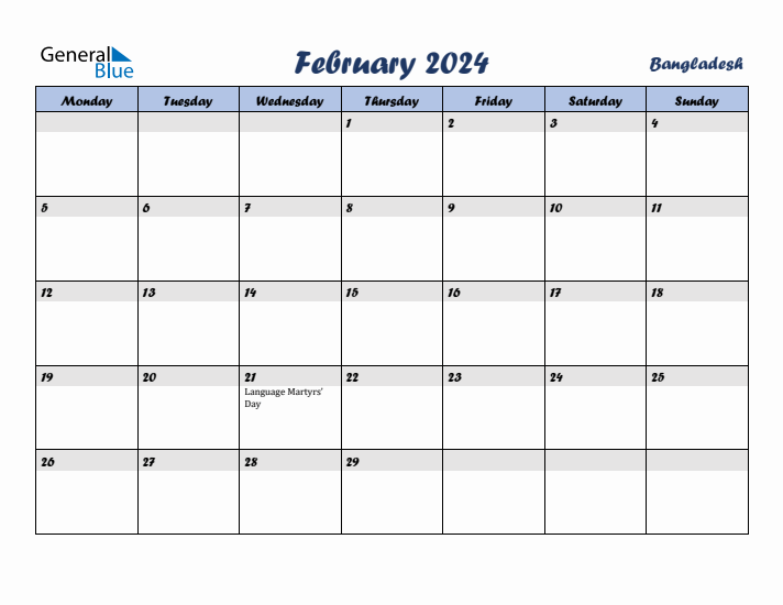 February 2024 Calendar with Holidays in Bangladesh