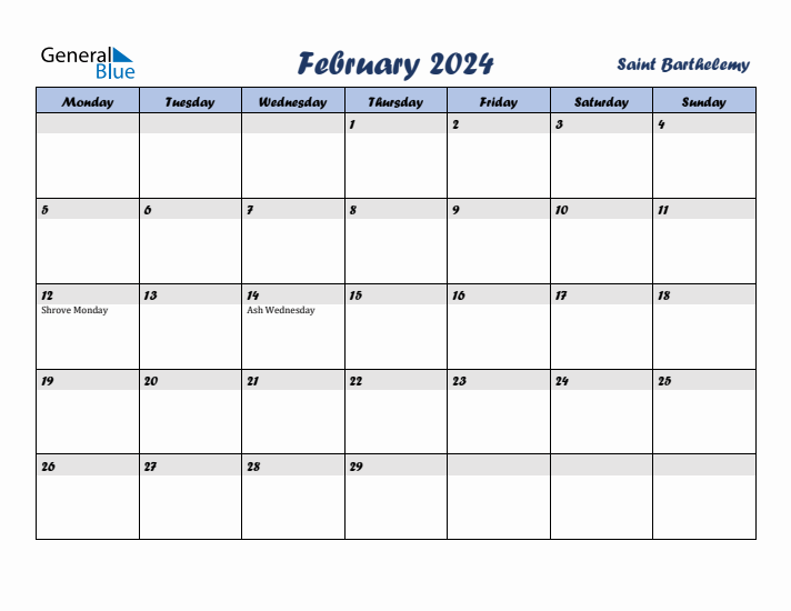 February 2024 Calendar with Holidays in Saint Barthelemy