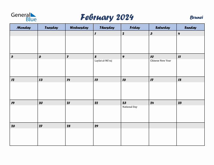 February 2024 Calendar with Holidays in Brunei