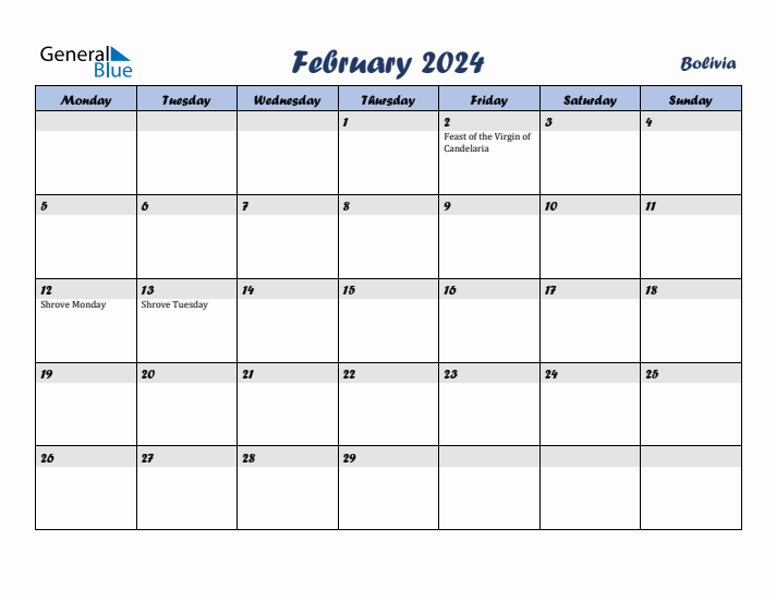 February 2024 Calendar with Holidays in Bolivia