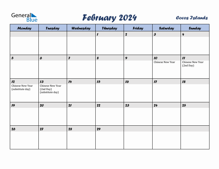 February 2024 Calendar with Holidays in Cocos Islands