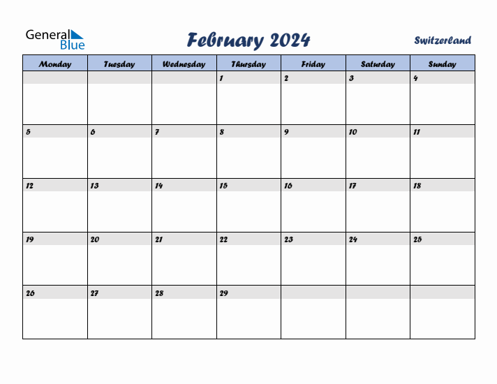February 2024 Calendar with Holidays in Switzerland