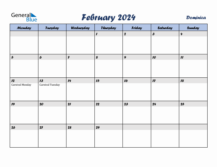 February 2024 Calendar with Holidays in Dominica