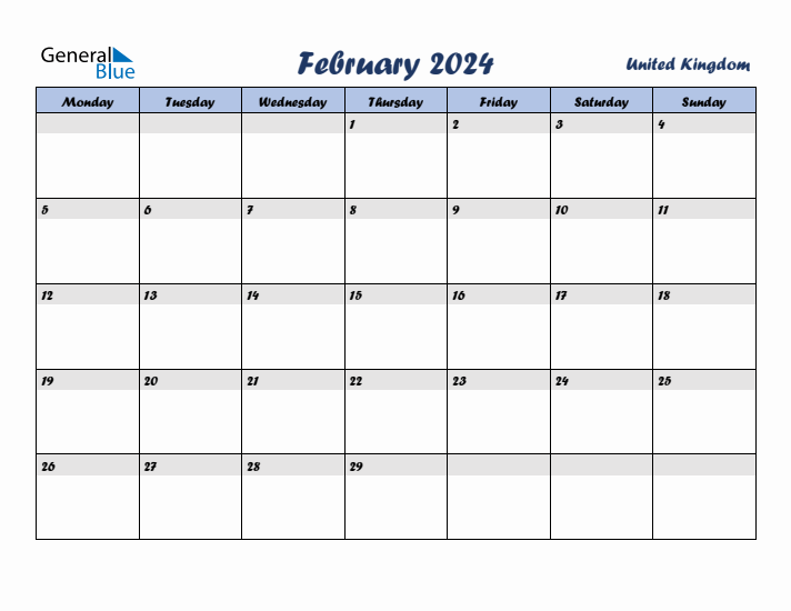 February 2024 Calendar with Holidays in United Kingdom