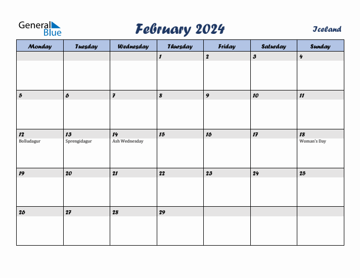 February 2024 Calendar with Holidays in Iceland